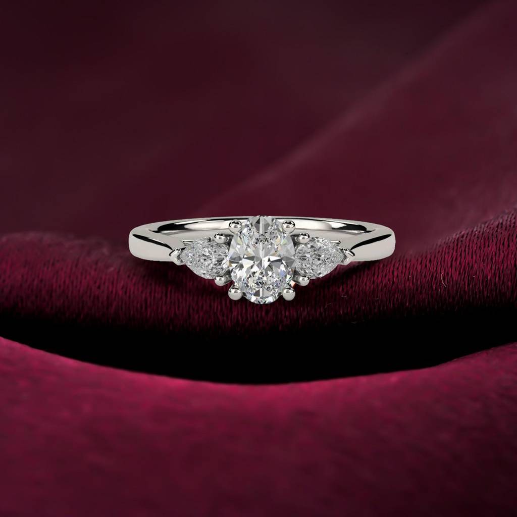 Silver Oval And Pear Moissanite Trilogy Ring Silver Oval And