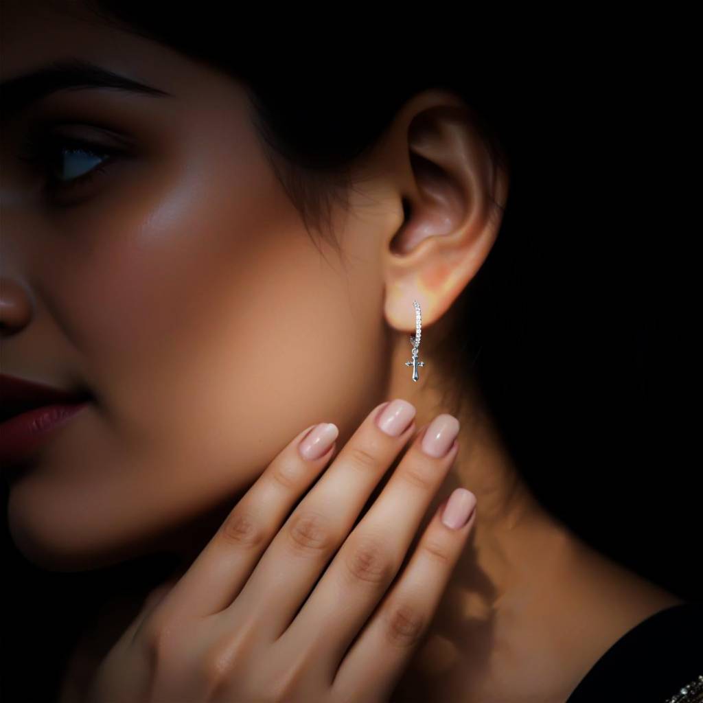 Silver Moissanite Cross Hoop Drop Earrings : ZLM10131
