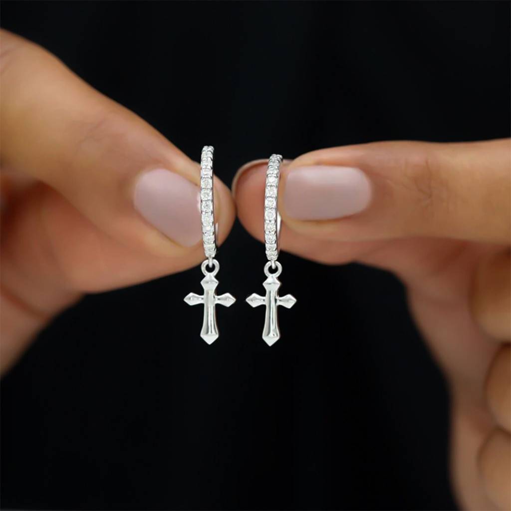 Silver Moissanite Cross Hoop Drop Earrings : ZLM10131