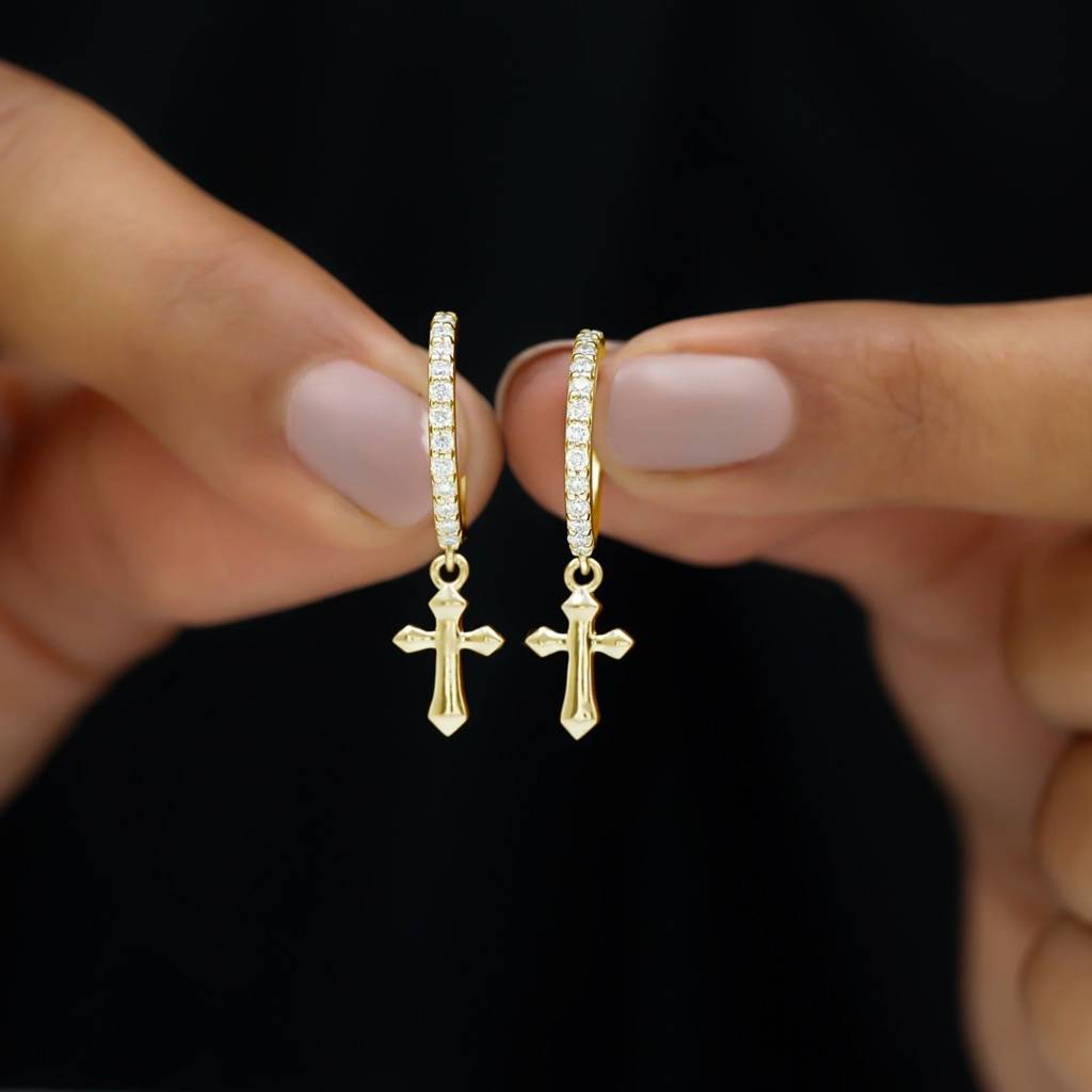 Golden Moissanite Cross Hoop Drop Earrings : ZLM10131Y