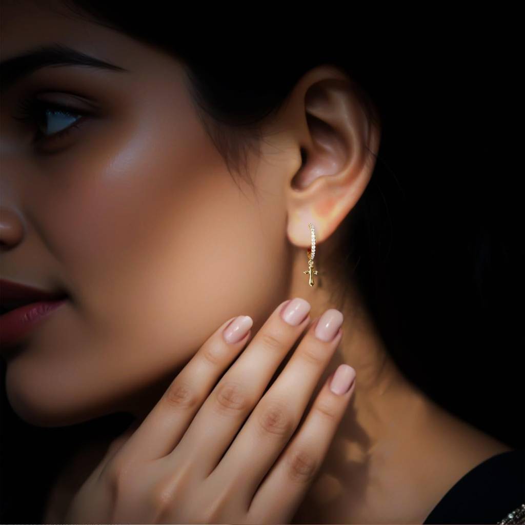 Golden Moissanite Cross Hoop Drop Earrings : ZLM10131Y