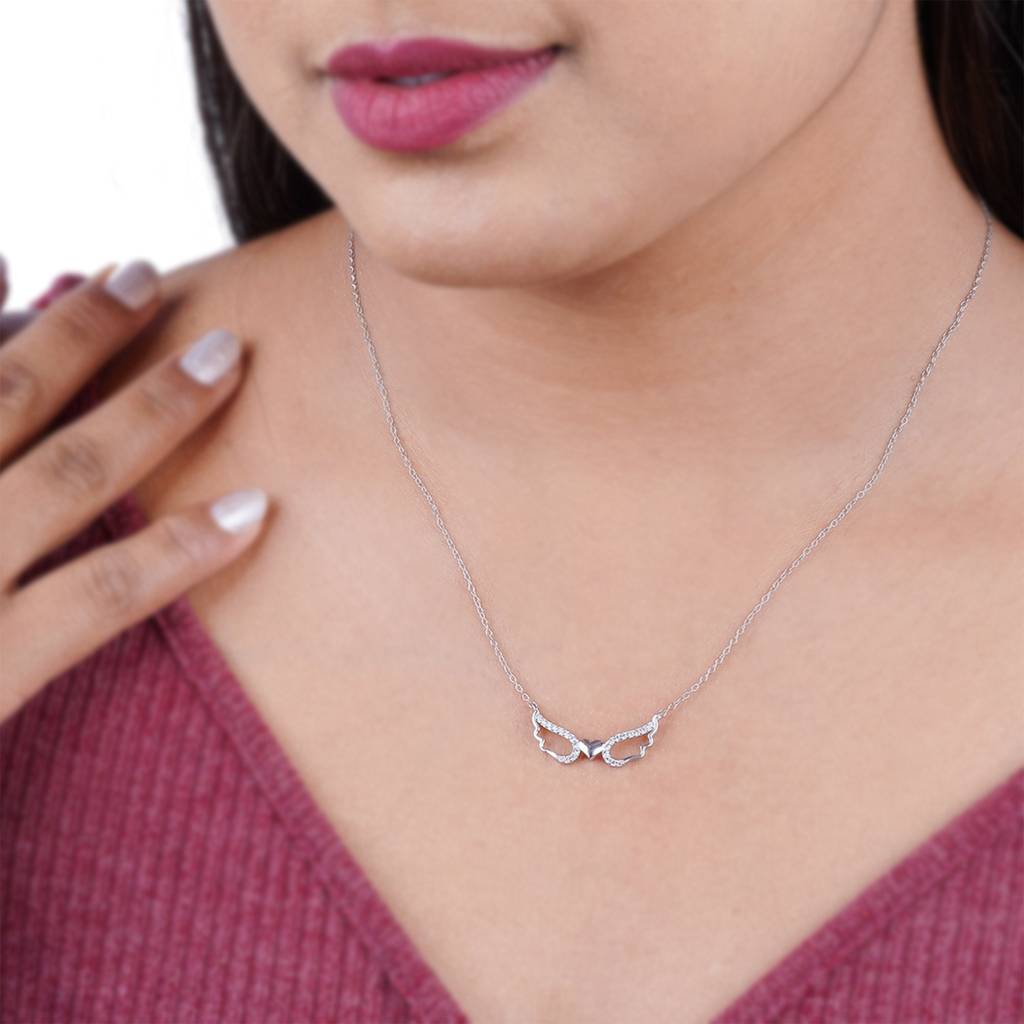 Silver Angel Wings Heart Necklace : ZLNKL-1003W