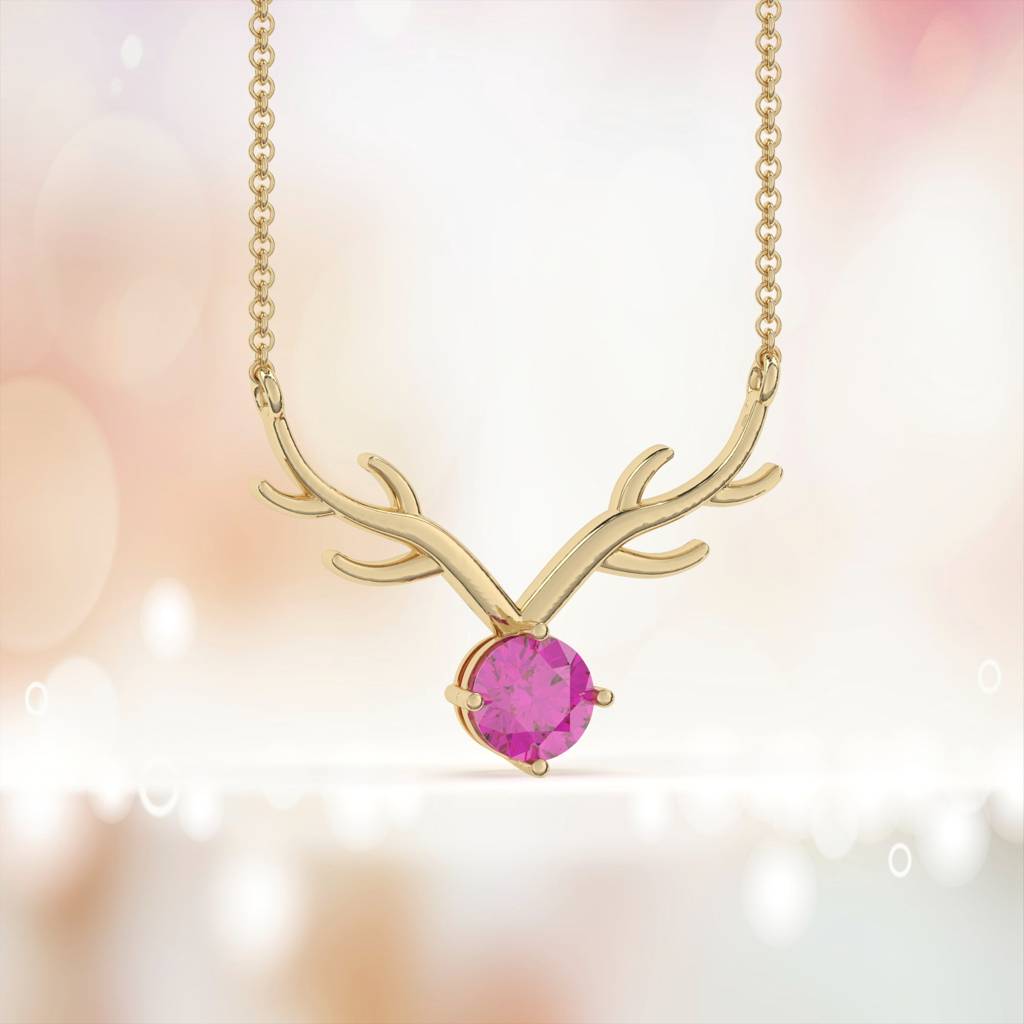 Golden Deer Theme Round Pink Sapphire Necklace : ZLNKL-1013