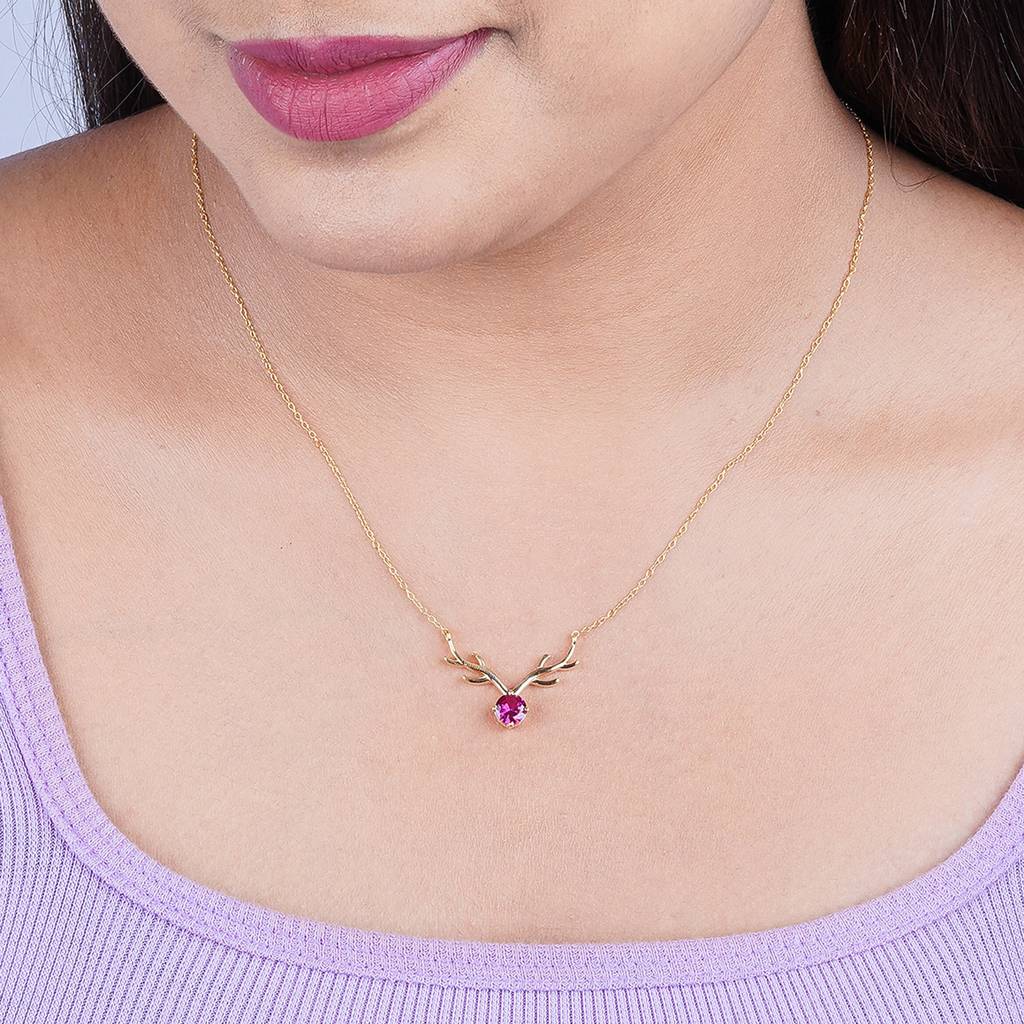 Golden Deer Theme Round Pink Sapphire Necklace : ZLNKL-1013