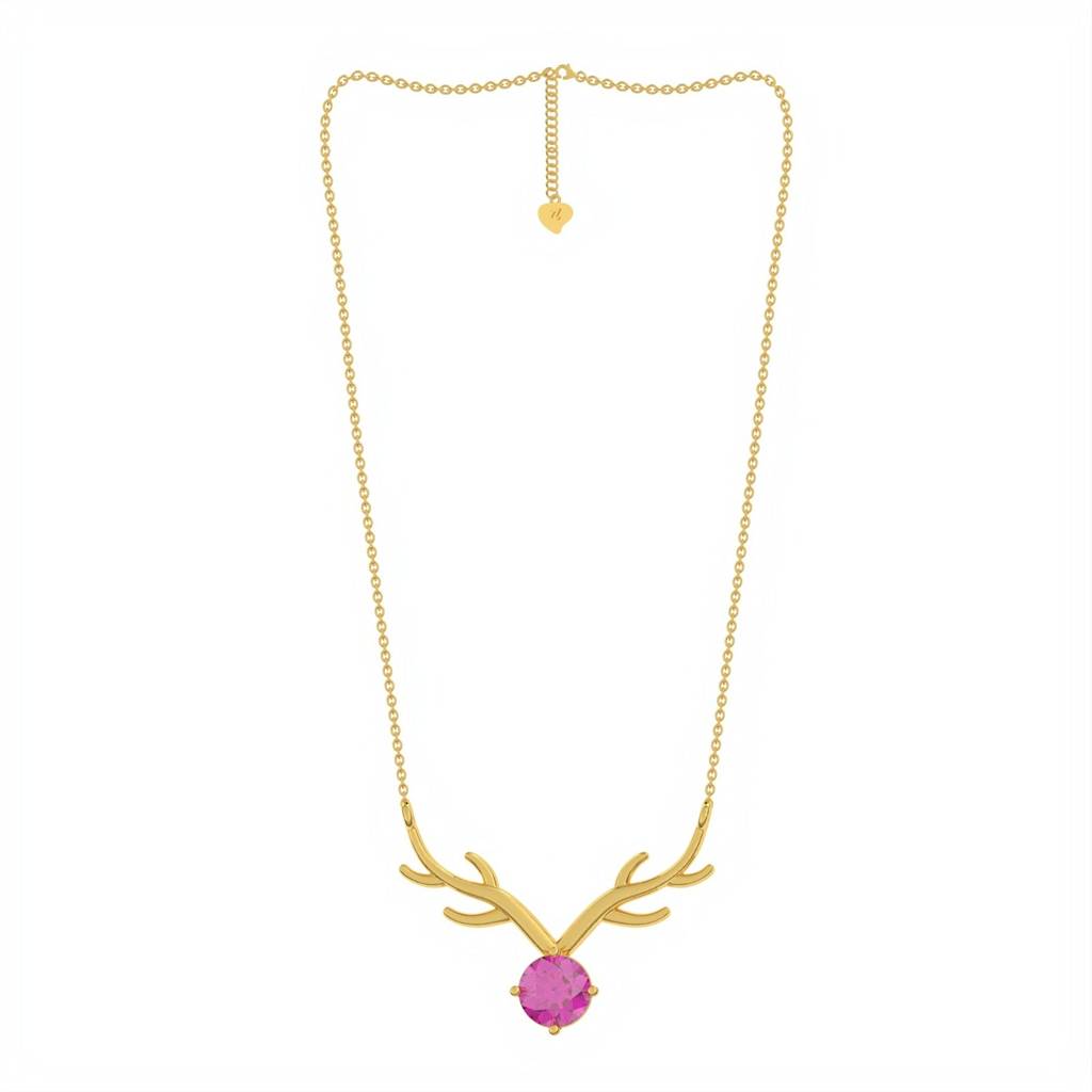 Golden Deer Theme Round Pink Sapphire Necklace : ZLNKL-1013