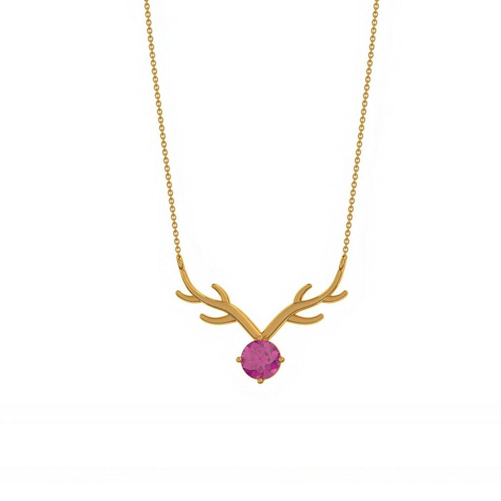 Golden Deer Theme Round Pink Sapphire Necklace : ZLNKL-1013