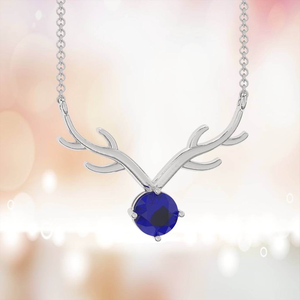 Silver Deer Theme Round Blue Sapphire Necklace : ZLNKL-1013BL