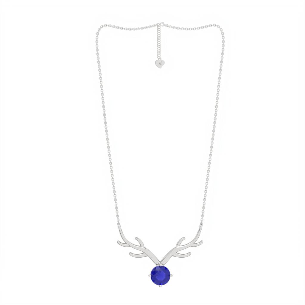 Silver Deer Theme Round Blue Sapphire Necklace : ZLNKL-1013BL