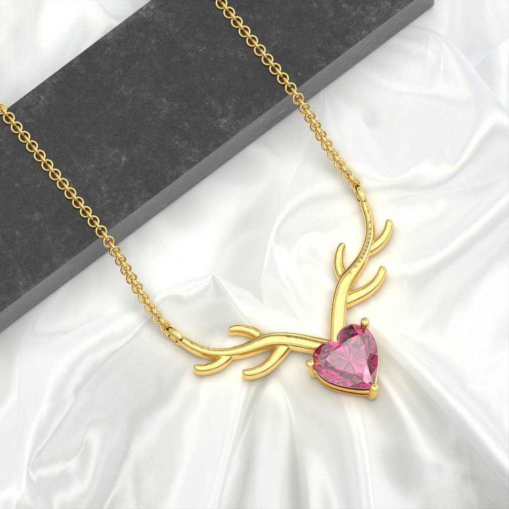 Golden Deer Theme Heart Pink Sapphire Necklace : ZLNKL-1014RBY