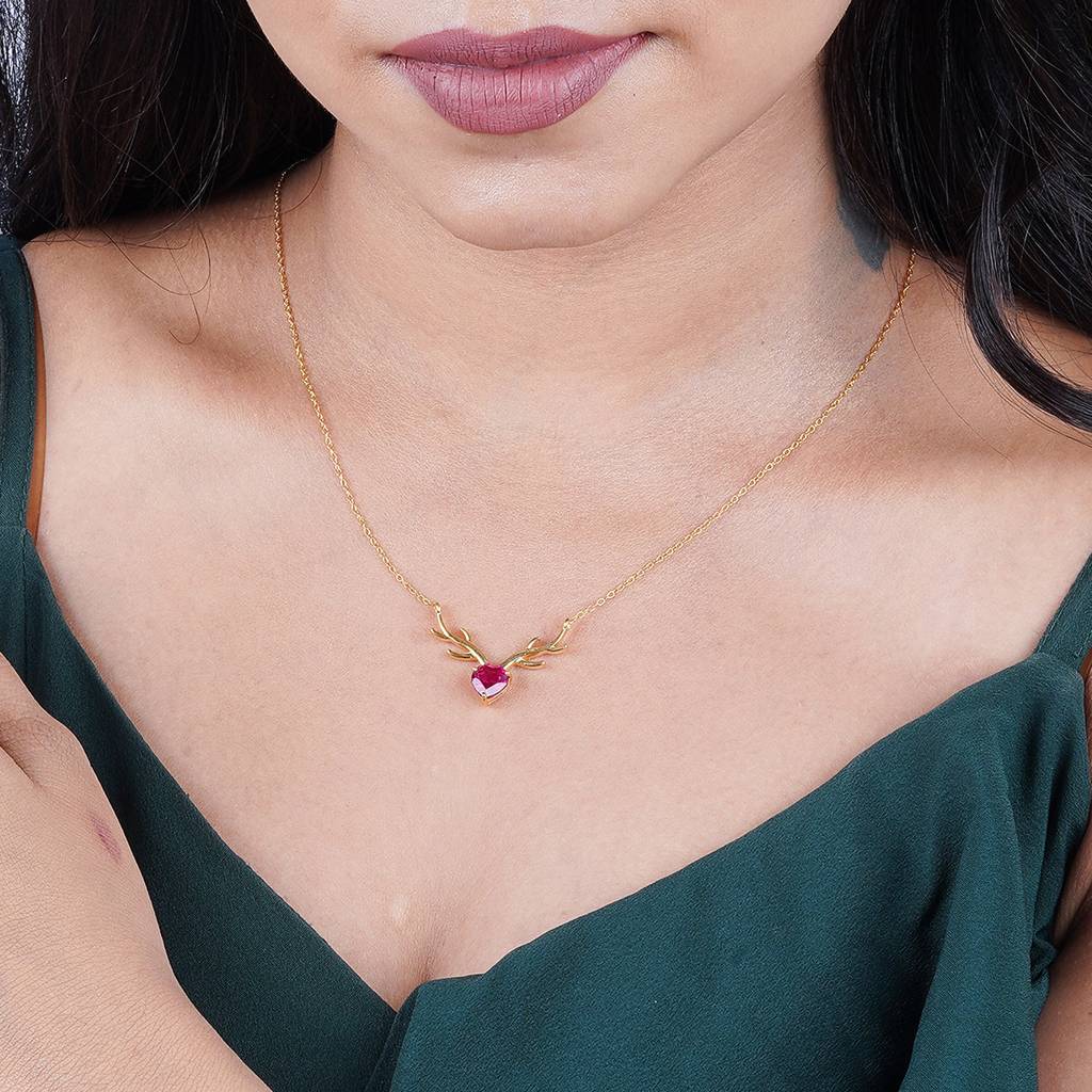 Golden Deer Theme Heart Pink Sapphire Necklace : ZLNKL-1014RBY