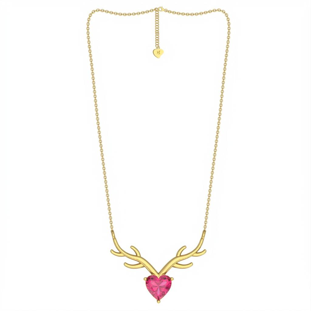 Golden Deer Theme Heart Pink Sapphire Necklace : ZLNKL-1014RBY