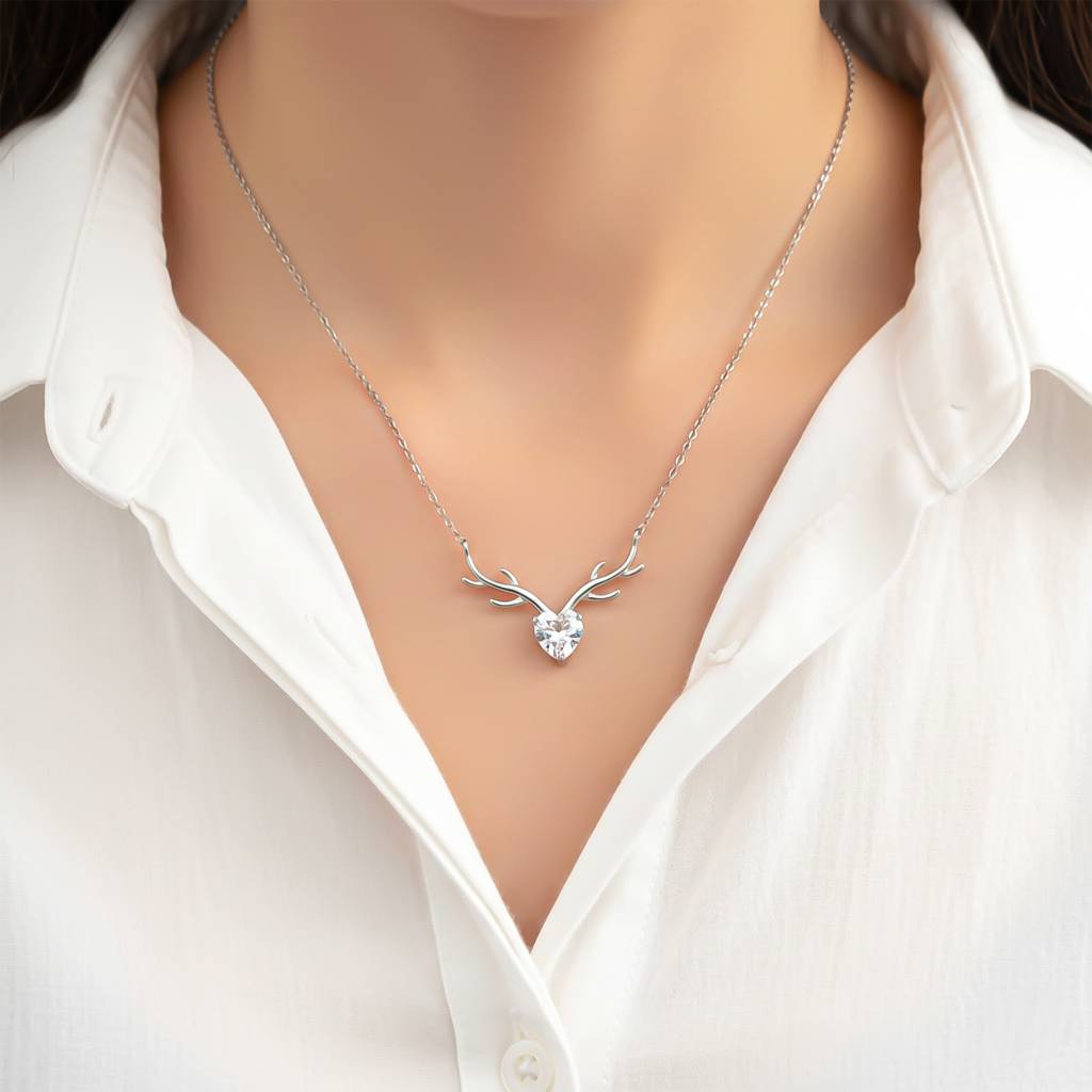 ZALKARI Silver Deer Theme Heart Cz Necklace · Eternz