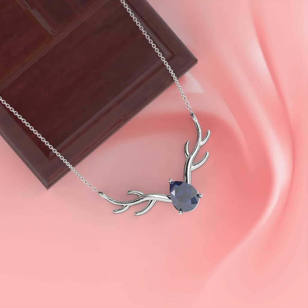 Silver Deer Antler Blue Sapphire Necklace : ZLNKL-1016BL