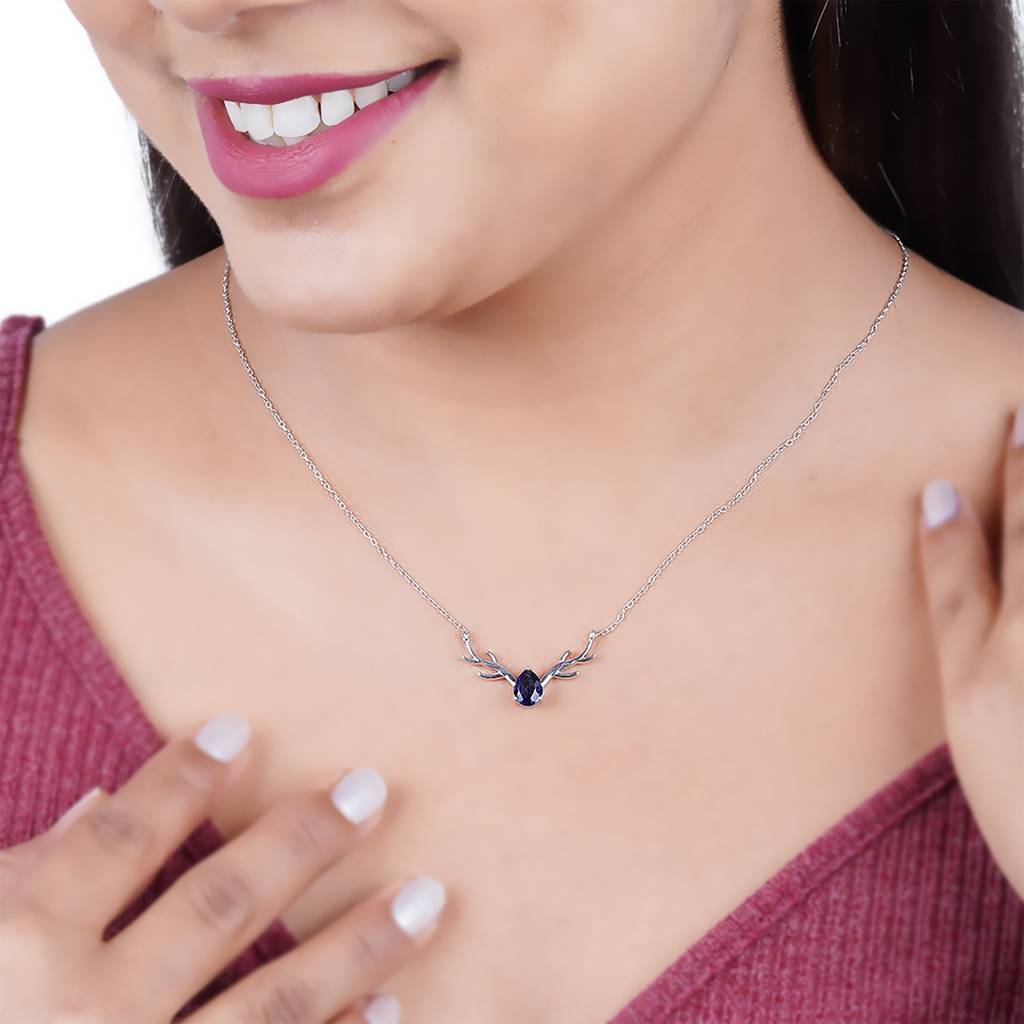 Silver Deer Antler Blue Sapphire Necklace : ZLNKL-1016BL