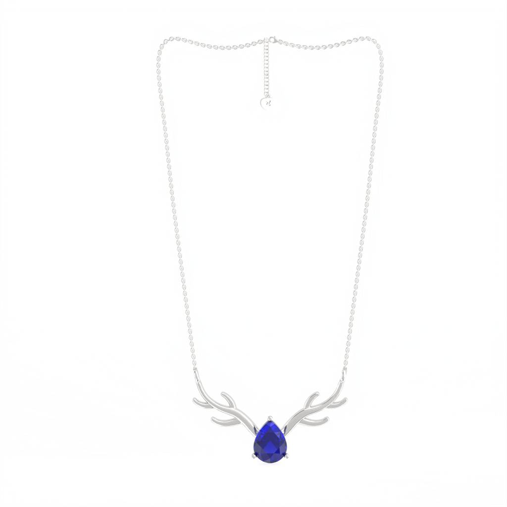 Silver Deer Antler Blue Sapphire Necklace : ZLNKL-1016BL