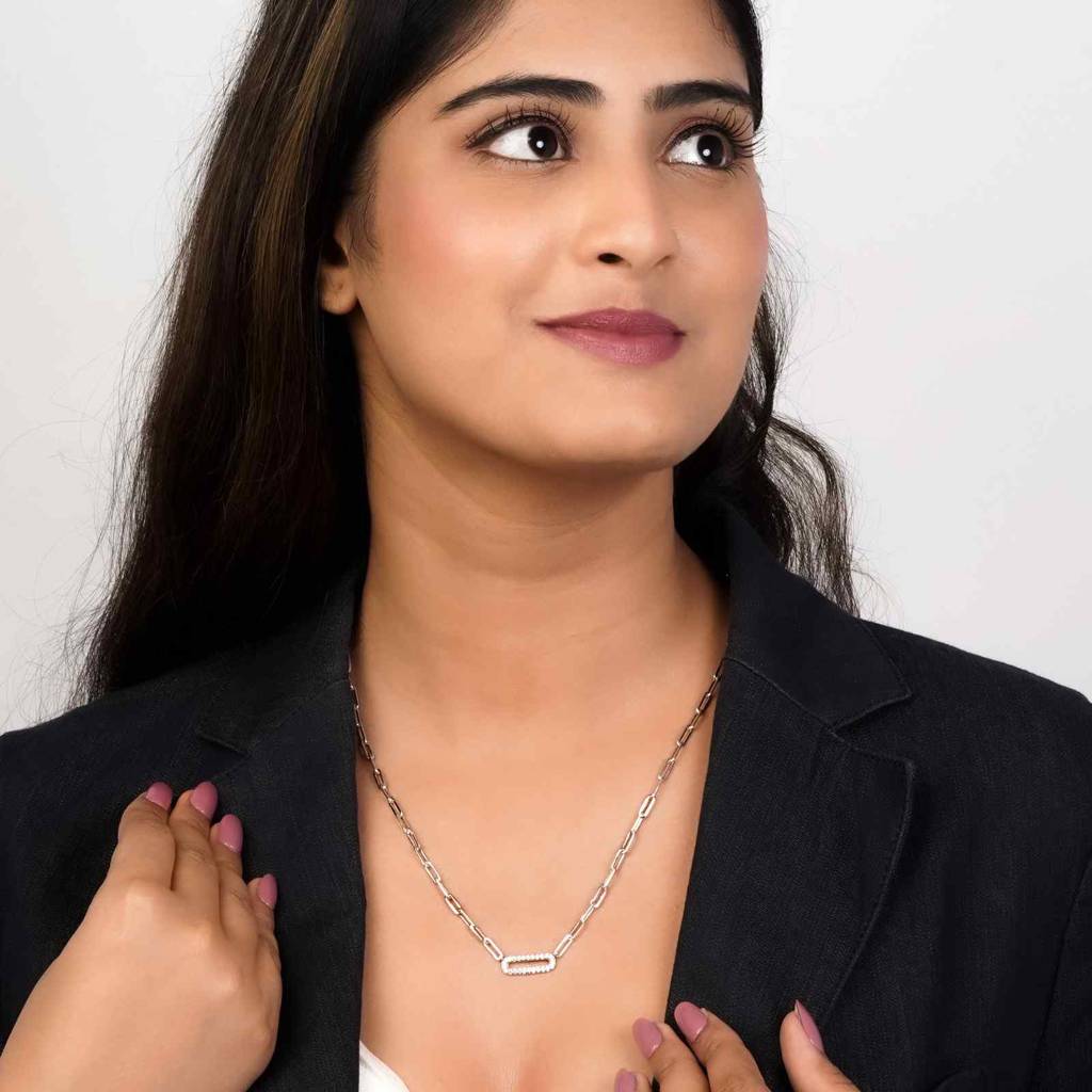 Silver Paperclick Chain Zircon Necklace : ZLNKL-1043