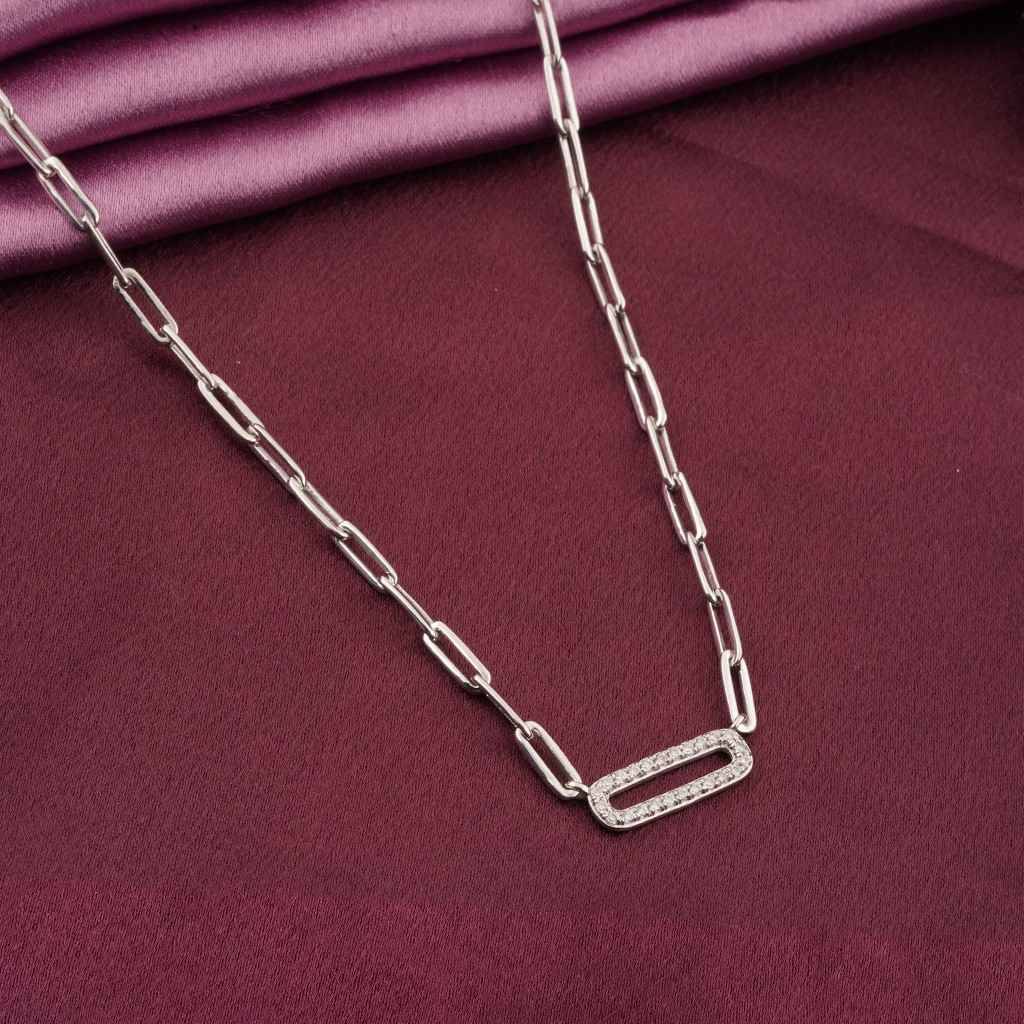 Silver Paperclick Chain Zircon Necklace : ZLNKL-1043