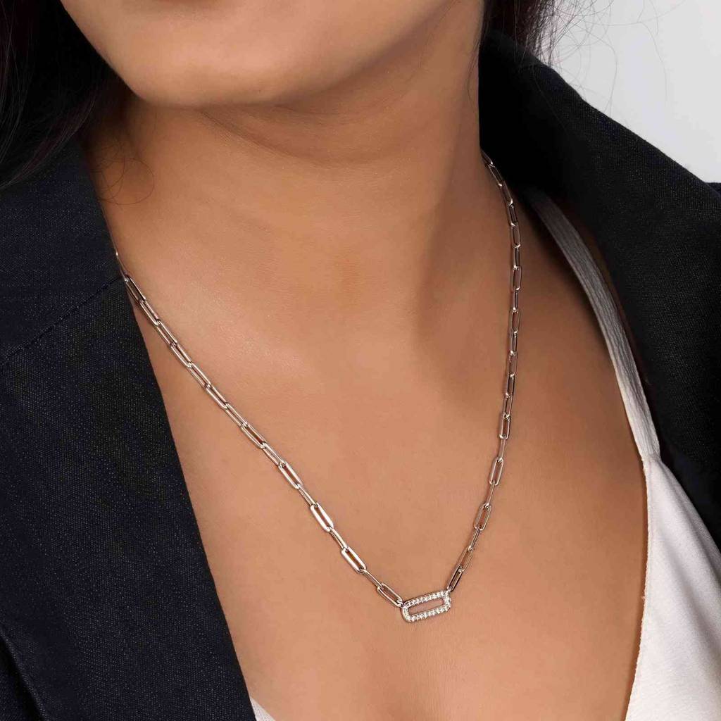 Silver Paperclick Chain Zircon Necklace : ZLNKL-1043