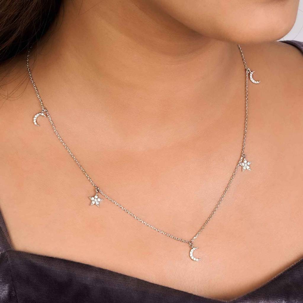 Silver Star And Moon Necklace : ZLNKL-1044