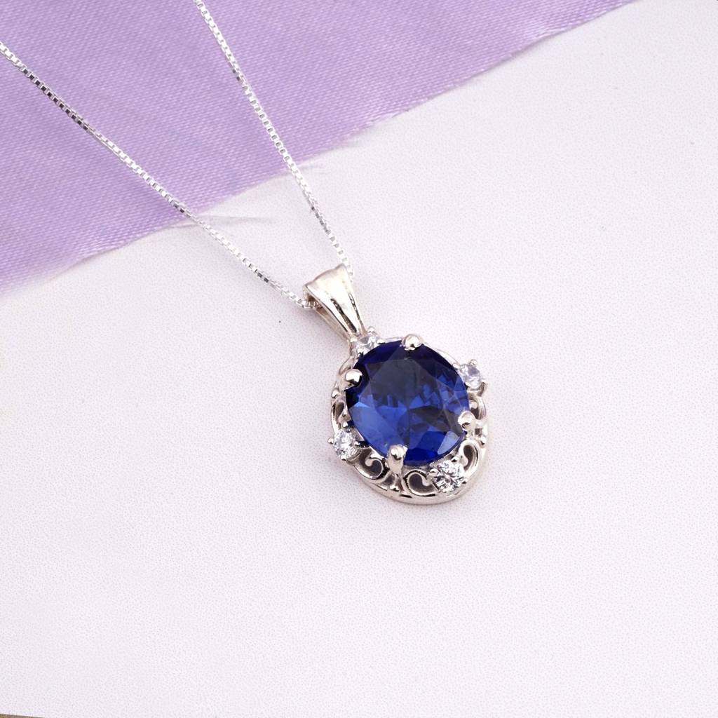 Silver Blue Sapphire Teardrop Pendant : ZLP-1012