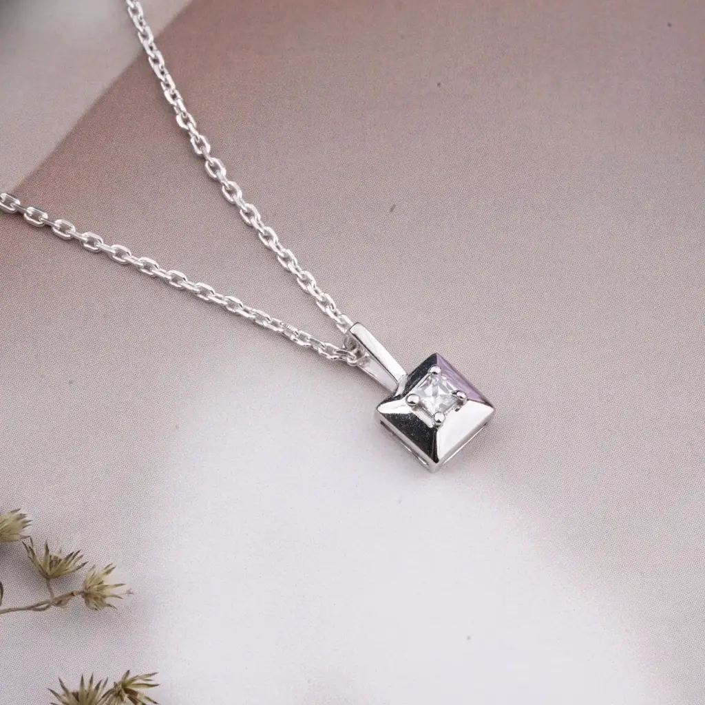 Silver Princess Cut Solitaire Diamond Pendant : ZLP-1028