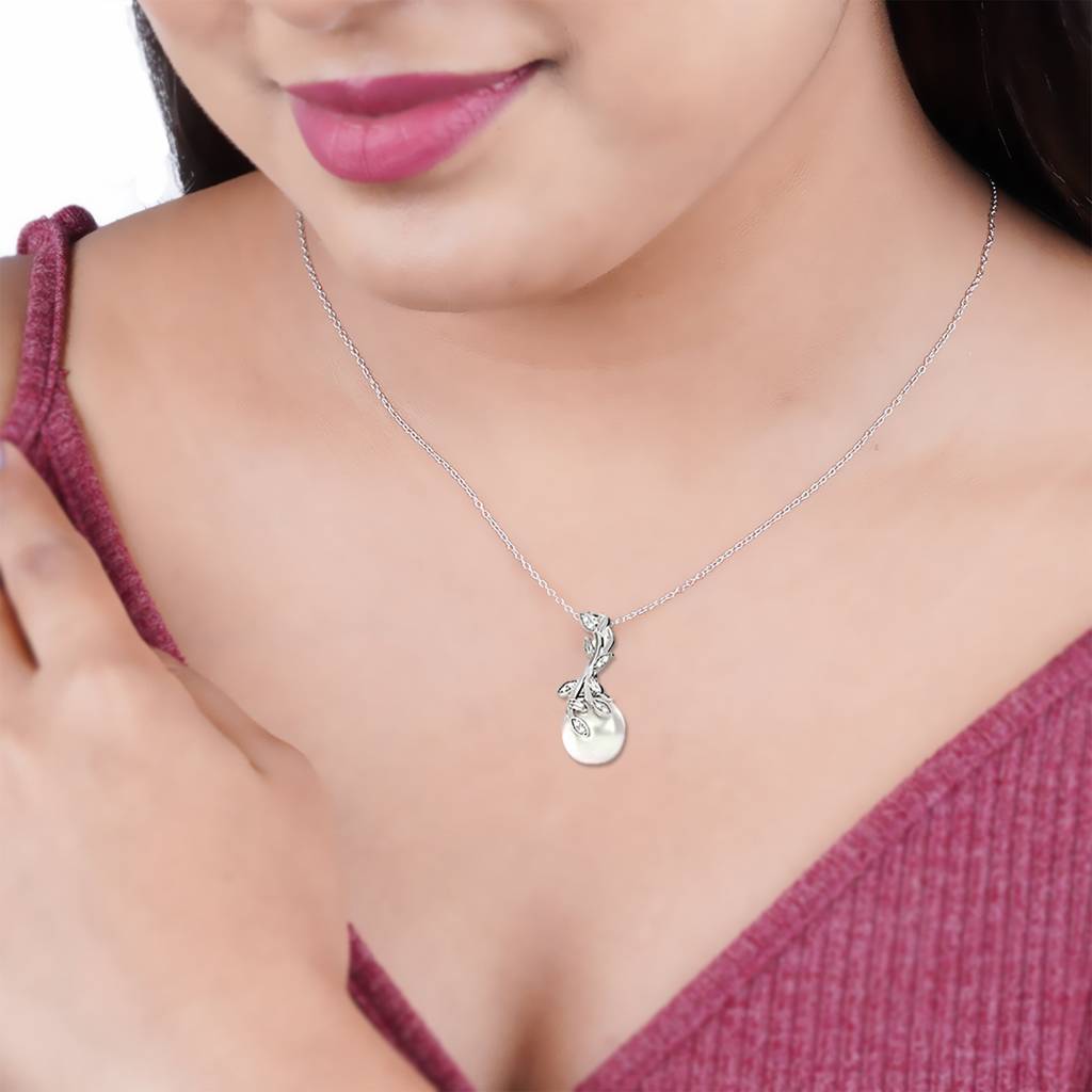 Silver Freshwater Cultured Pearl And Diamond Drop Pendant : ZLP-1046