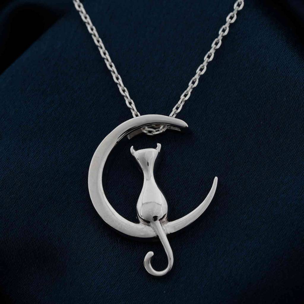 Silver Dreamy Moon Cat Pendant : ZLP-1053
