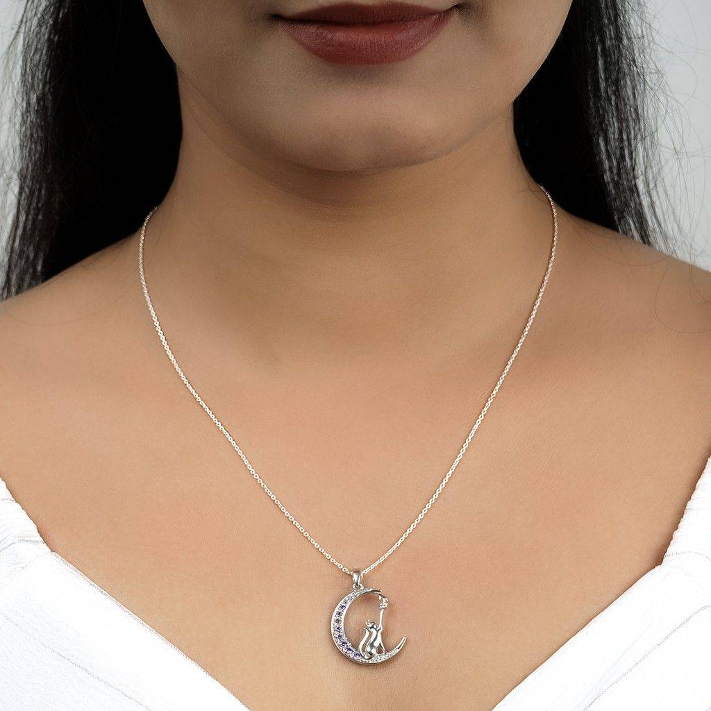 Silver Amethyst Moon Cat Pendant : ZLP-1057