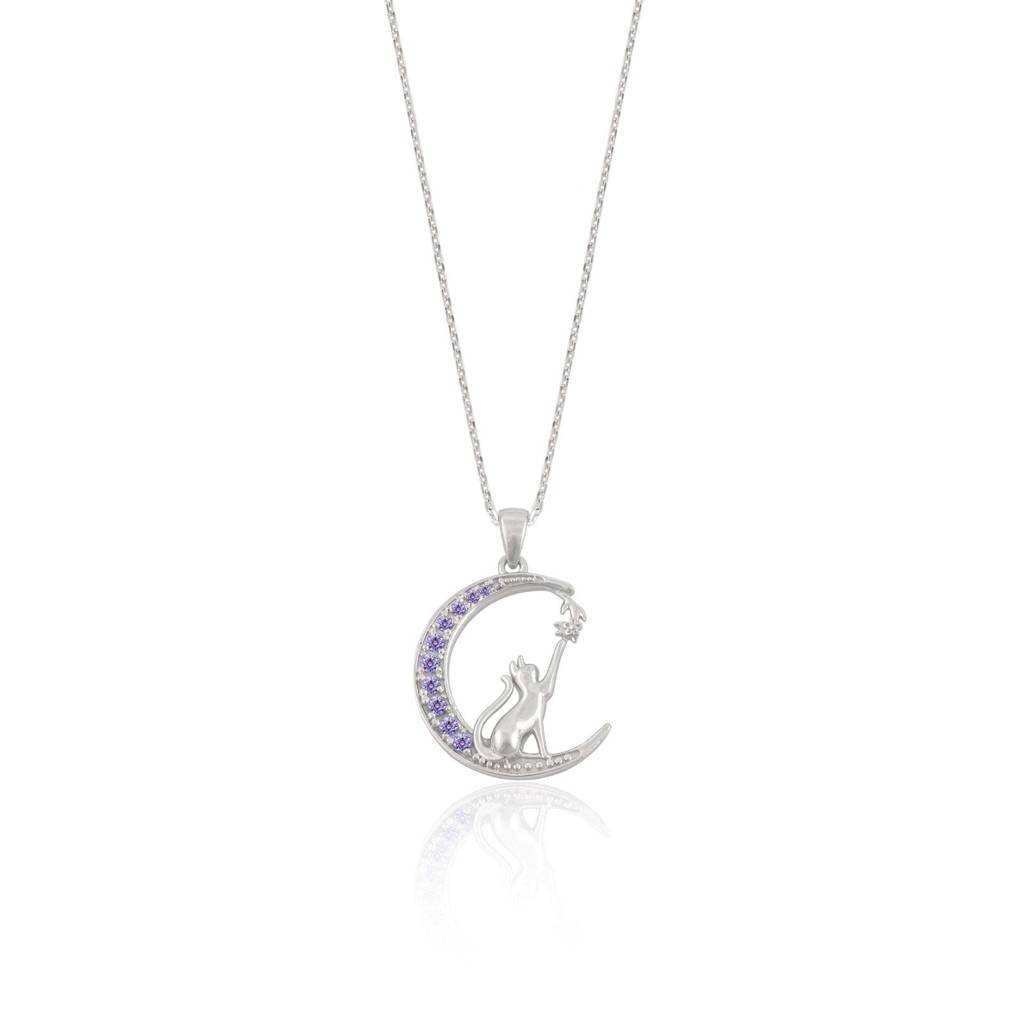 Silver Amethyst Moon Cat Pendant : ZLP-1057