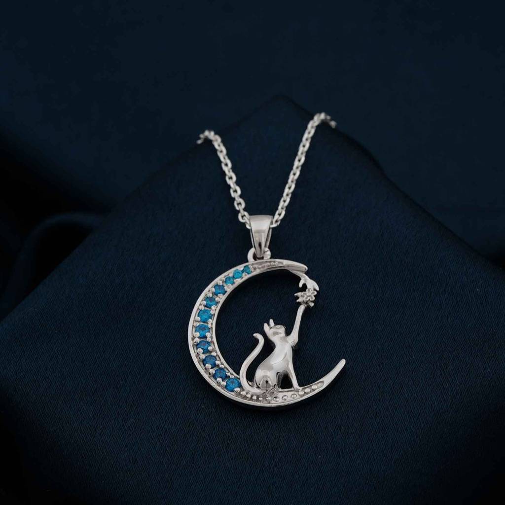 Silver Moon Cat Pendant : ZLP-1058