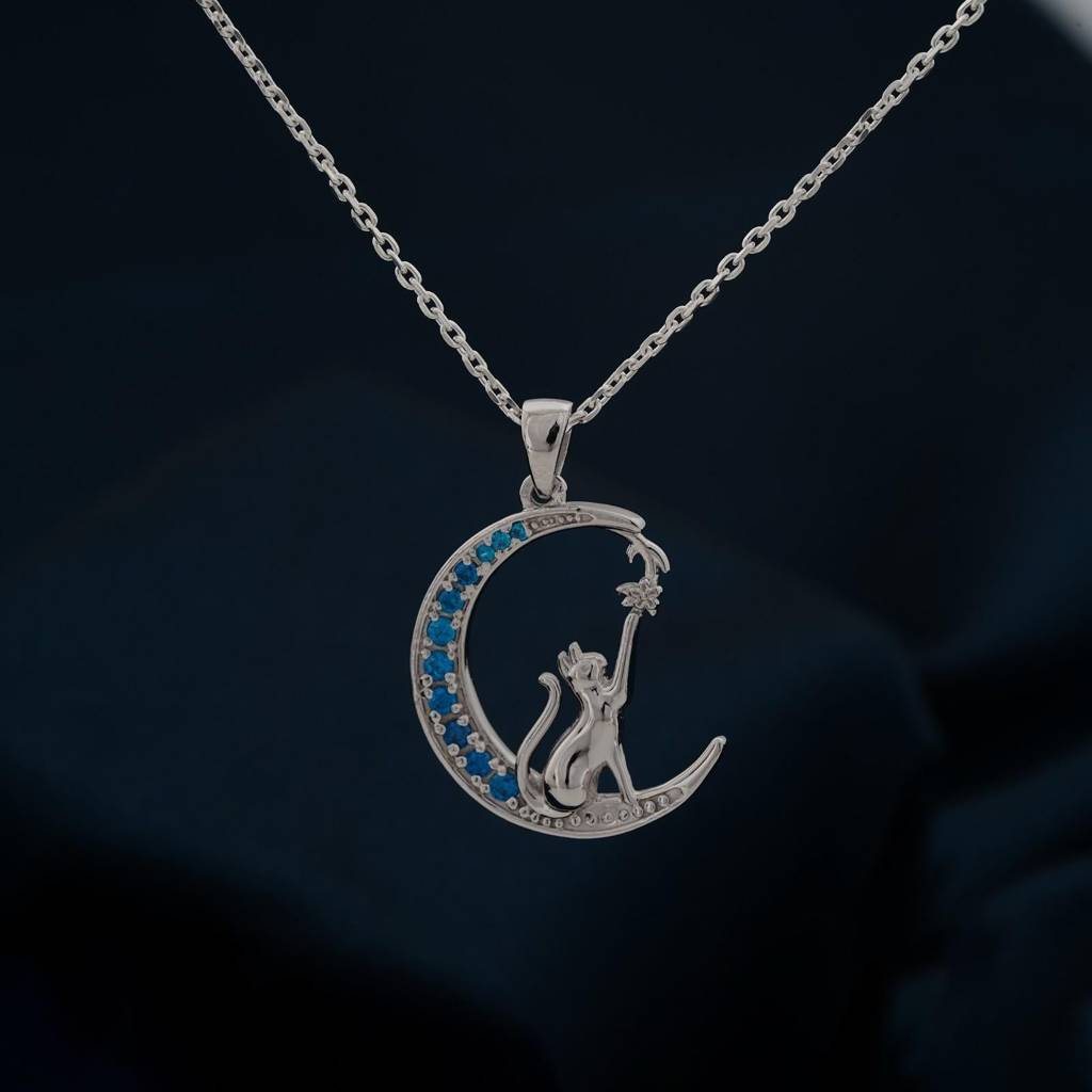 Silver Moon Cat Pendant : ZLP-1058