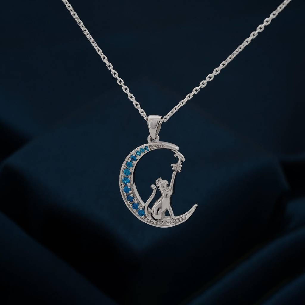 Silver Moon Cat Pendant : ZLP-1058