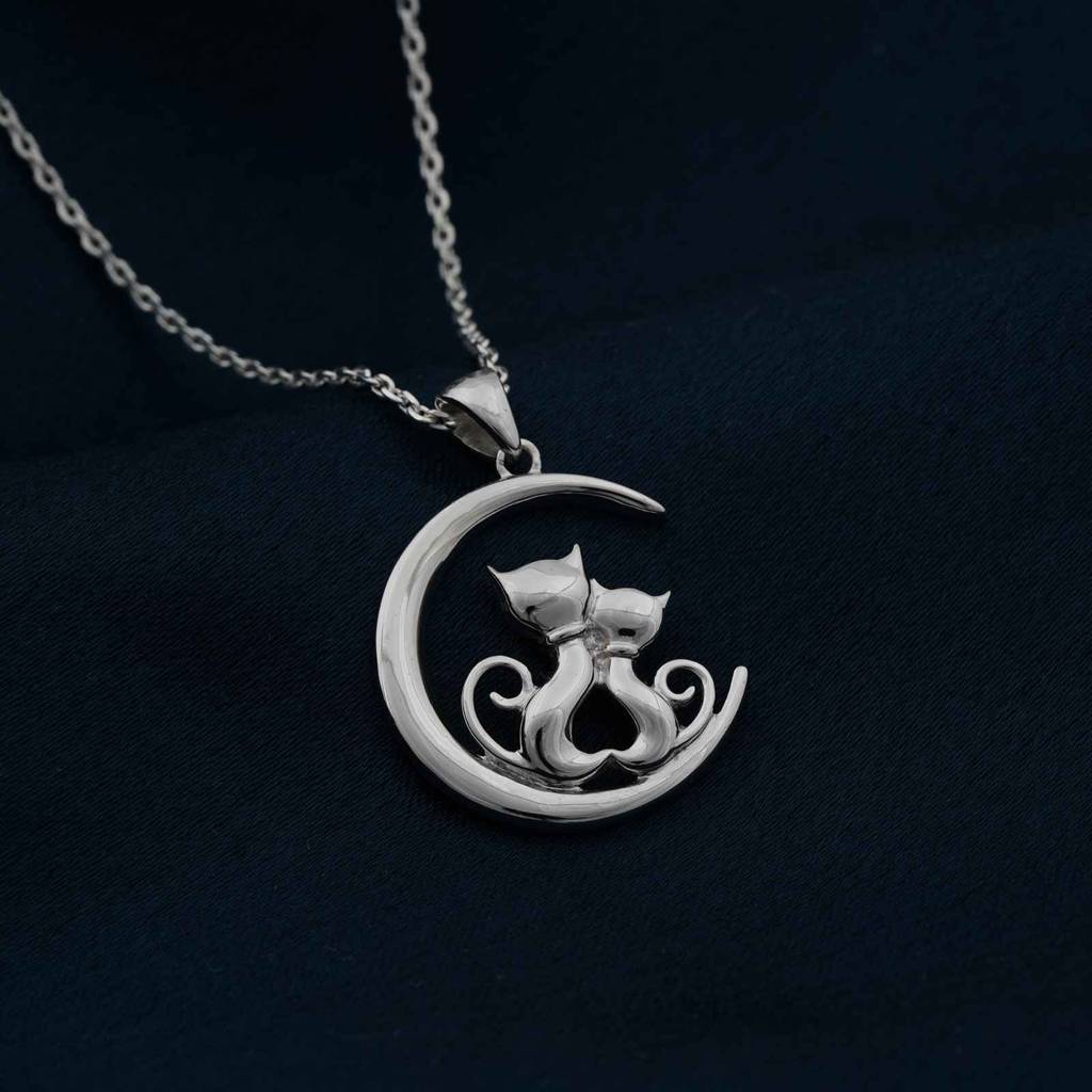 Silver Dreamy Moon Couple Cat Pendant : ZLP-1109