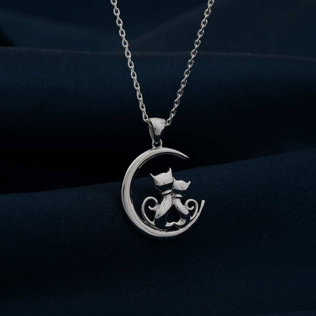 Silver Dreamy Moon Couple Cat Pendant : ZLP-1109