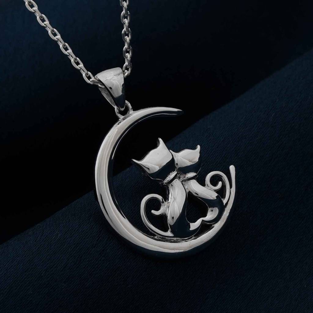 Silver Dreamy Moon Couple Cat Pendant : ZLP-1109