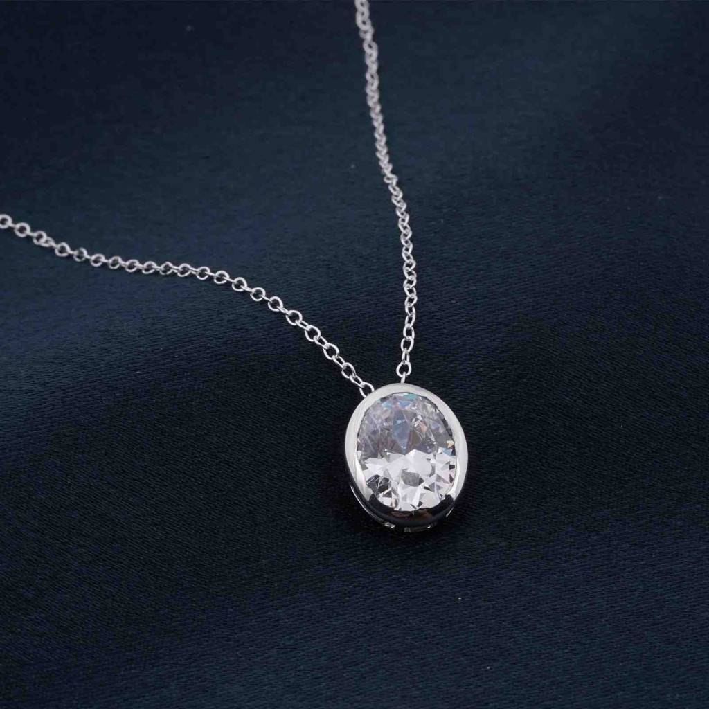 Silver Oval Classic Solitaire Bezel Pendant : ZLP-1114