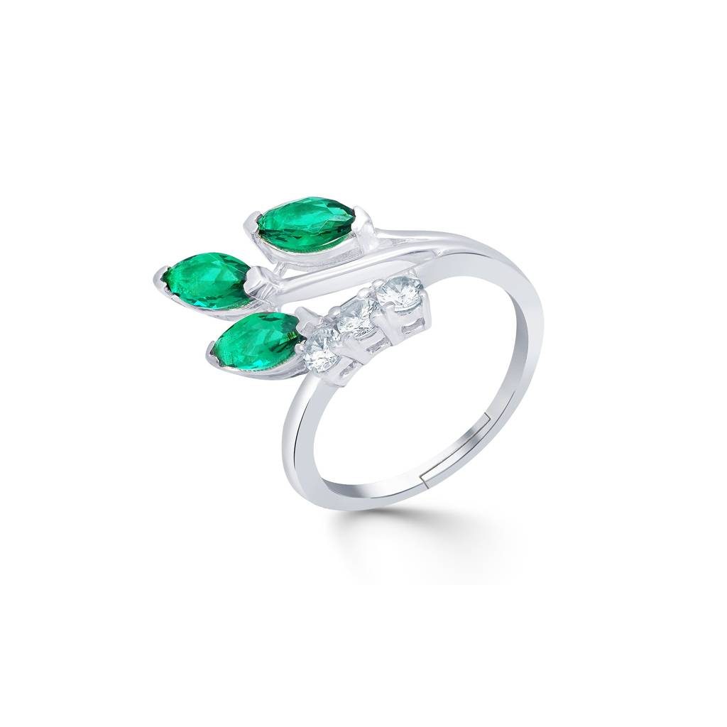 Silver Green Emerald Leaf Design Ring : ZLR-1005