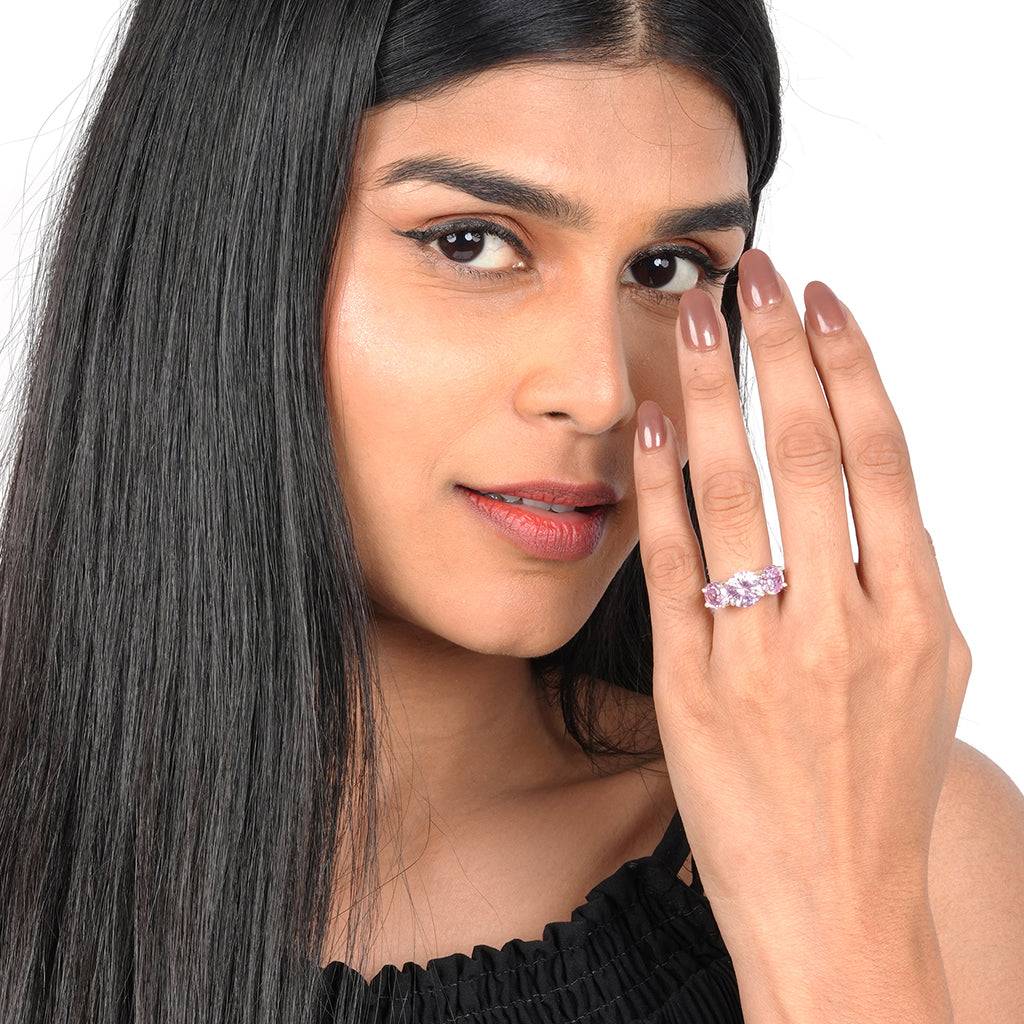 Silver Three Stone Pink Sapphire Ring : ZLR-1010PNK