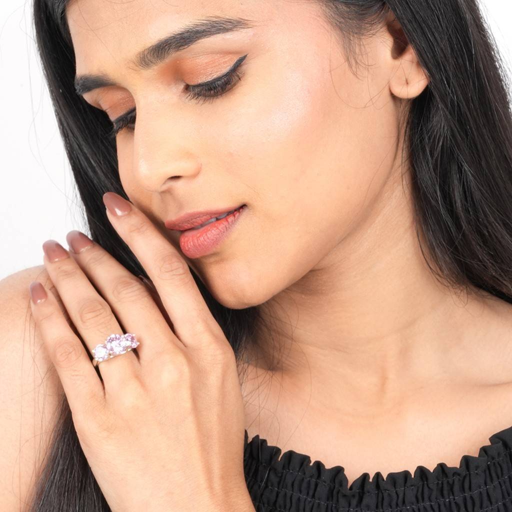 Silver Three Stone Pink Sapphire Ring : ZLR-1010PW