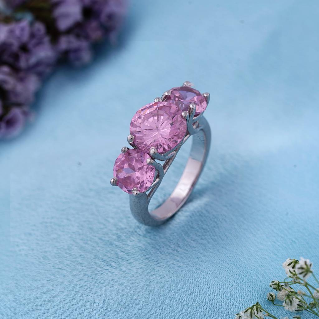 Silver Three Stone Pink Sapphire Ring : ZLR-1010PNK