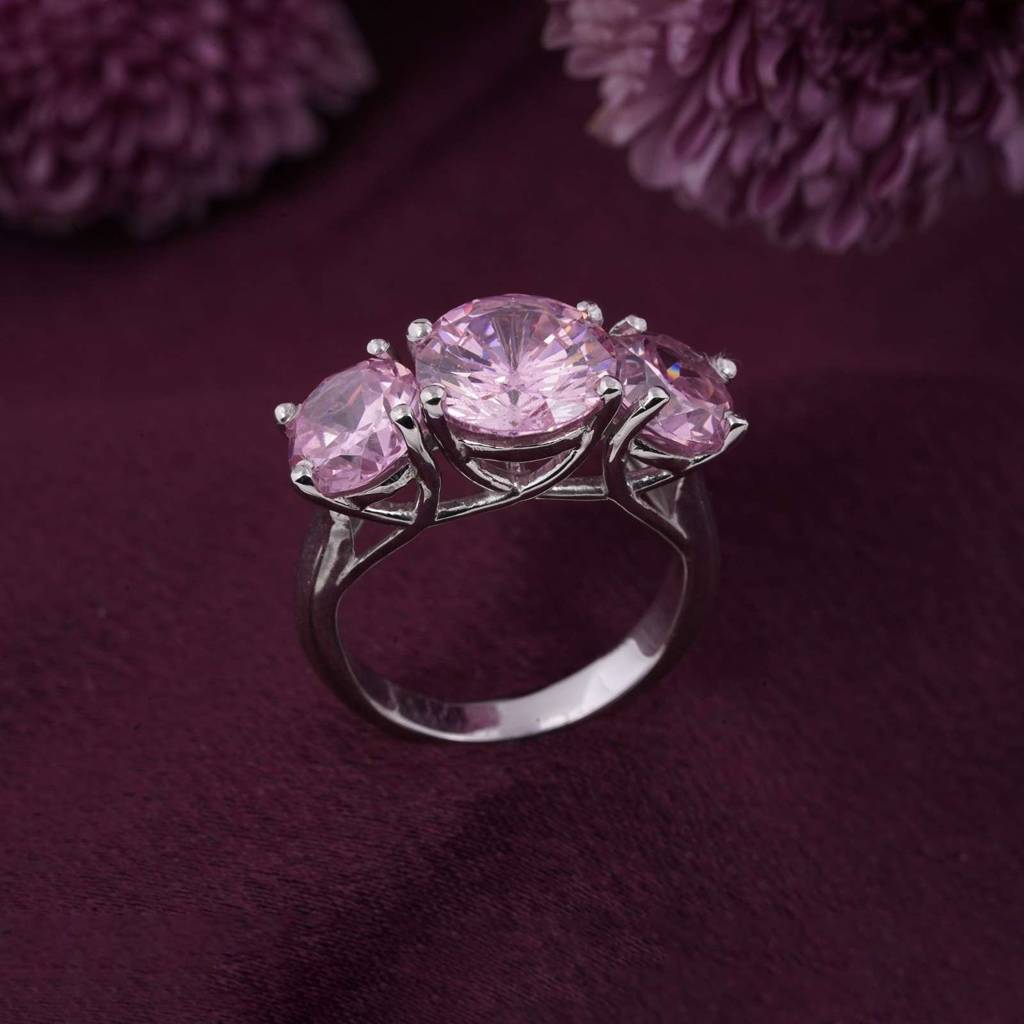 Silver Three Stone Pink Sapphire Ring : ZLR-1010PW