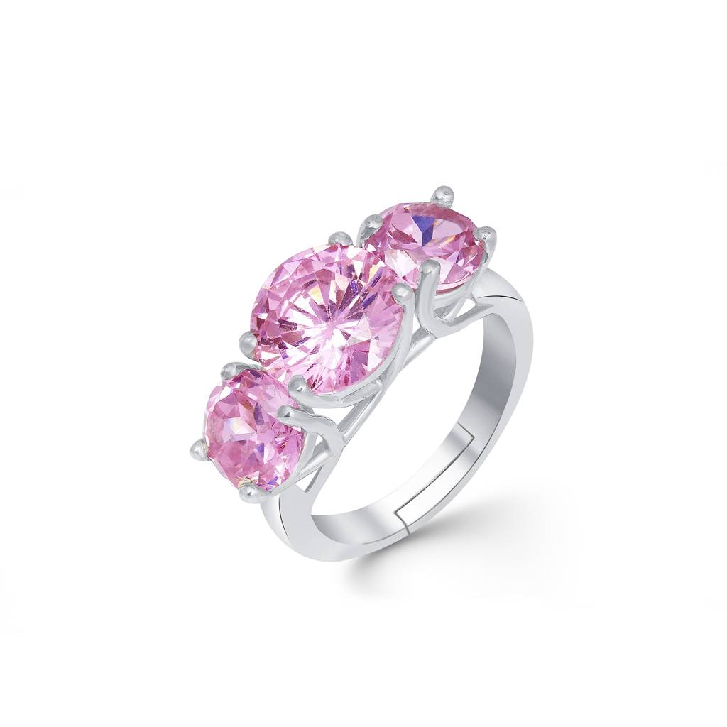Silver Three Stone Pink Sapphire Ring : ZLR-1010PNK
