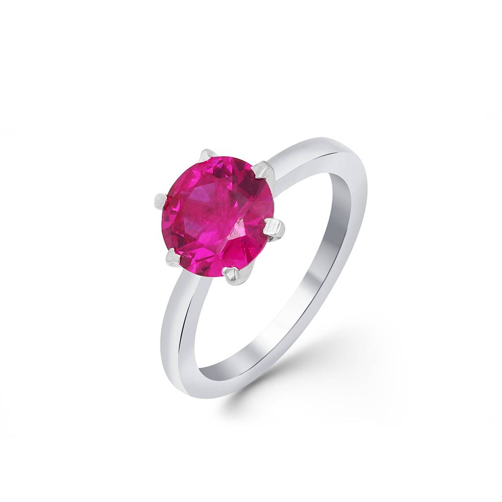 Silver Solitaire Pink Ruby Ring : ZLR-1017PNRB