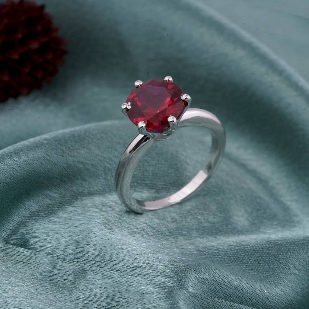 Silver Solitaire Pink Ruby Ring : ZLR-1017PNRB