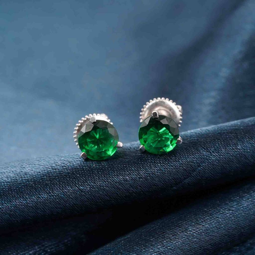 Silver Sphere Green Emerald Stud Earrings : ZLSTD-1001