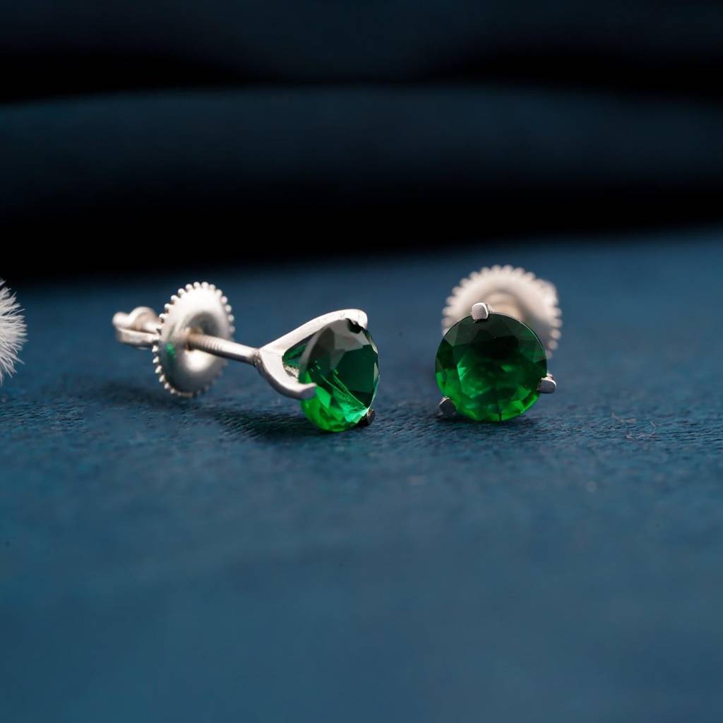 Silver Sphere Green Emerald Stud Earrings : ZLSTD-1001