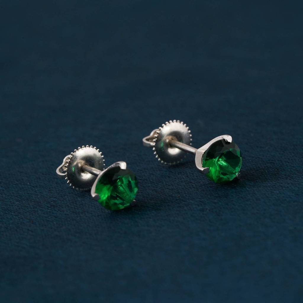 Silver Sphere Green Emerald Stud Earrings : ZLSTD-1001