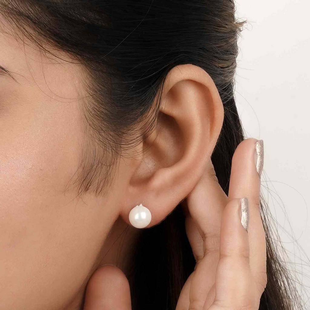 Silver Pearl Moon Stud Earrings : ZLSTD-1012