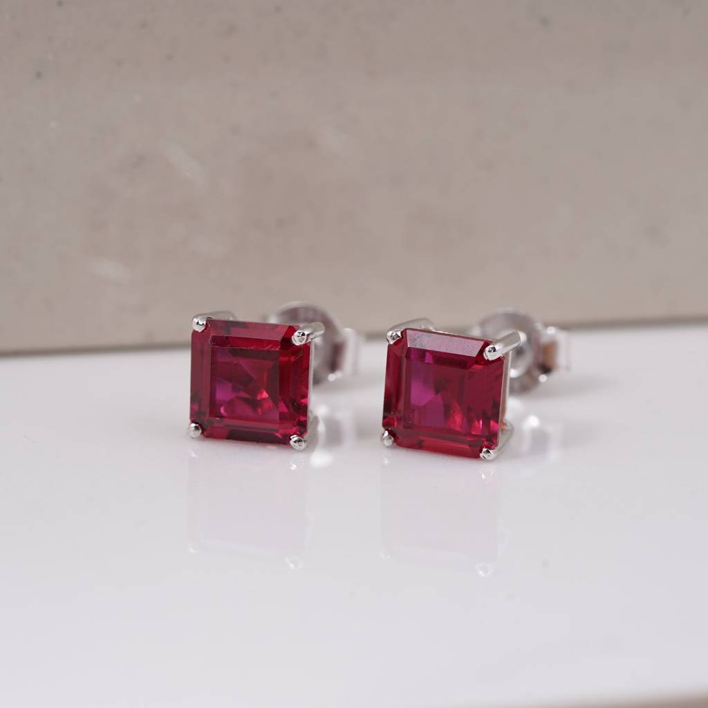 Silver Pink Ruby Solitaire Stud Earring : ZLSTD-1013