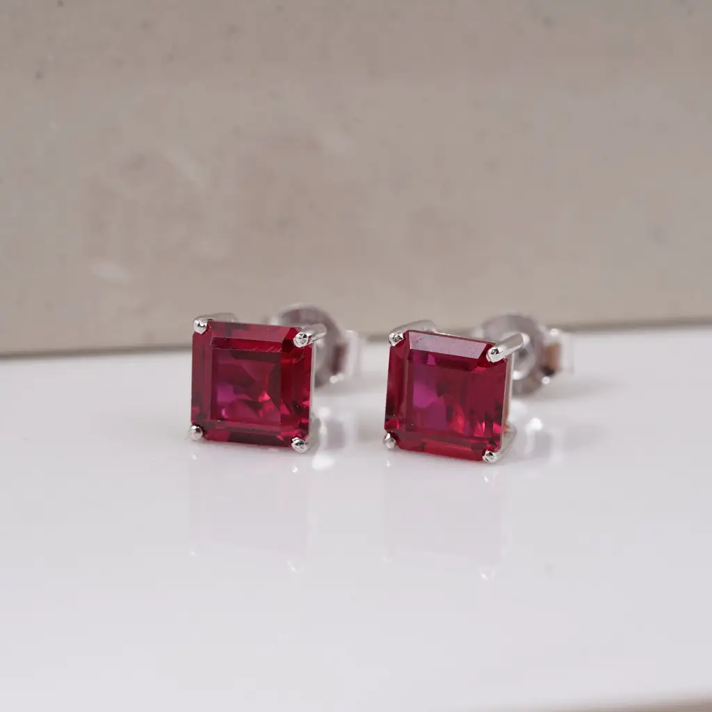 Silver Pink Ruby Solitaire Stud Earring : ZLSTD-1013